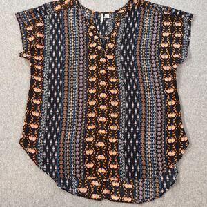 Cato V-Neck Short Sleeve High Low Blouse Women Large Navy Blue Orange Semi Sheer